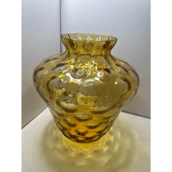 Vintage Mid Century Modern Amber Yellow Bubble Coin Dot Art Glass Vase 8” Tall - Picture 1 of 4